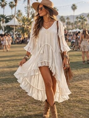 Gallabia Wht Hi Low Hem Ruffle Cotton Kaftan S Coastal Cowgirl Boho Festival fun